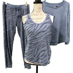 Live Love Lounge 3 pc SET MED Blue Zebra Print Gray Stripe Soft Tank Pant LS Top